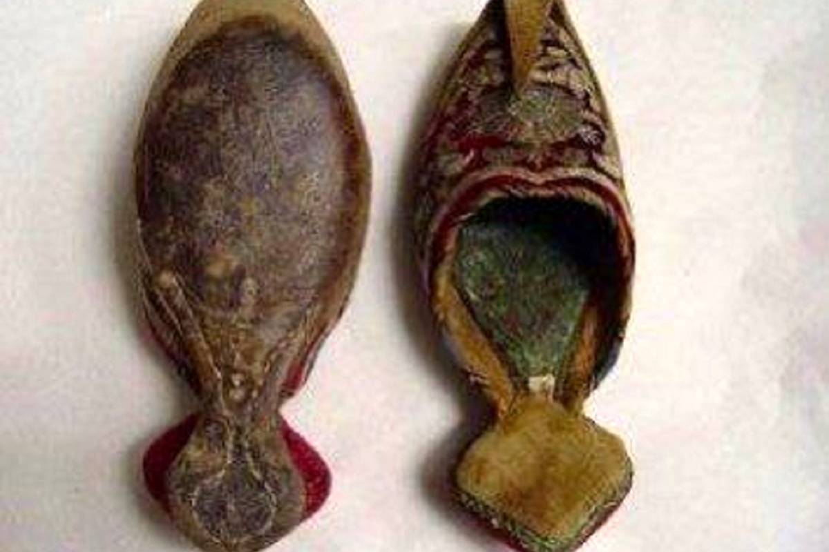 کفش مخمل قرمز گلدوزی شده دوره‌ی قاجار