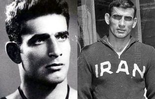 «امامعلی حبیبی» در حال بوسه زدن به صورت «تختی»؛ دهه 30